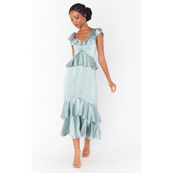 Show Me Your Mumu Reese Ruffle Dress in Silver Sage Luxe Satin size Medium - Picture 2 of 9